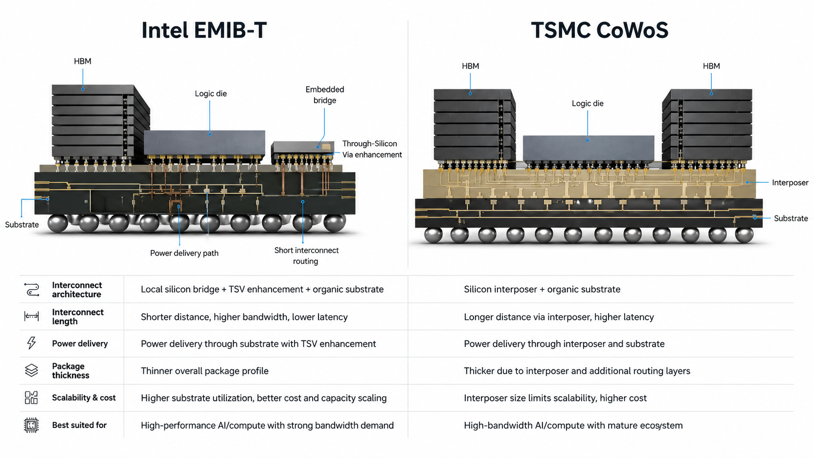Intel EMIB-T vs TSMC CoWoS